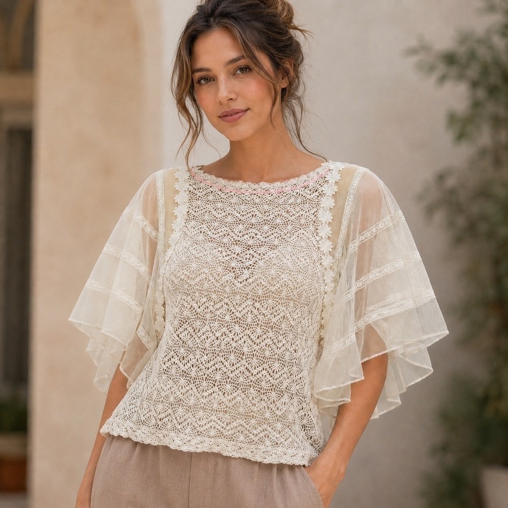 FP Feminine Angelcore Ivory Crochet Knit Lace Flutter Sleeve Boho Fairy Top M